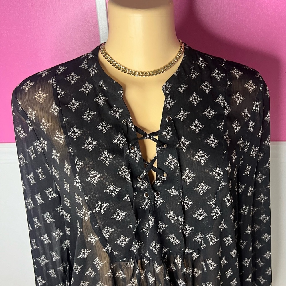 Black Sheer Blouse with White Pattern - Picture 3 of 6